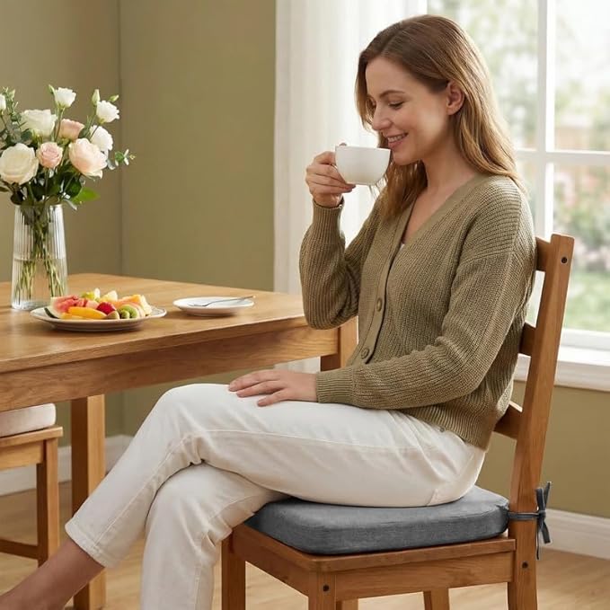 Chair Cushions Set of 1, D-Shaped Seat Cushion for Chair, Non Slip Chair Pads with Ties, 17" x 16" x 2", 40D Foam, Removable Washable Cover, Seat Cushions for Kitchen Chairs, Grey