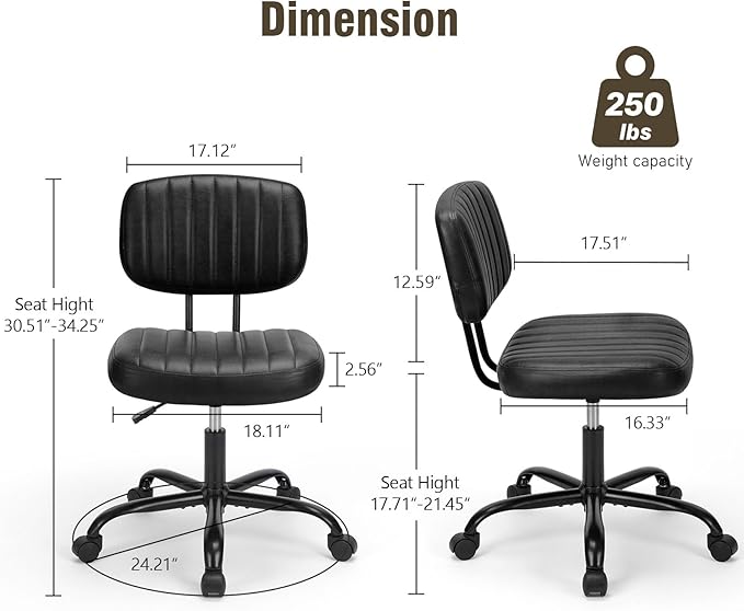 DUMOS Small Armless Home Desk Chair with Low Back Lumbar Support, Height Adjustable PU Leather Computer Task Chair with 360° Swivel Wheels, for Small Space, Adults, New Black