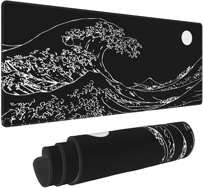 Black and White Japanese Sea Wave Mouse Pad,Extended Large Gaming Mouse Pads 31.5x11.8 in,Japanese Kanagawa Desk Mat,Laptop Mousepad Non-Slip Rubber MousePads for Office Home Travel