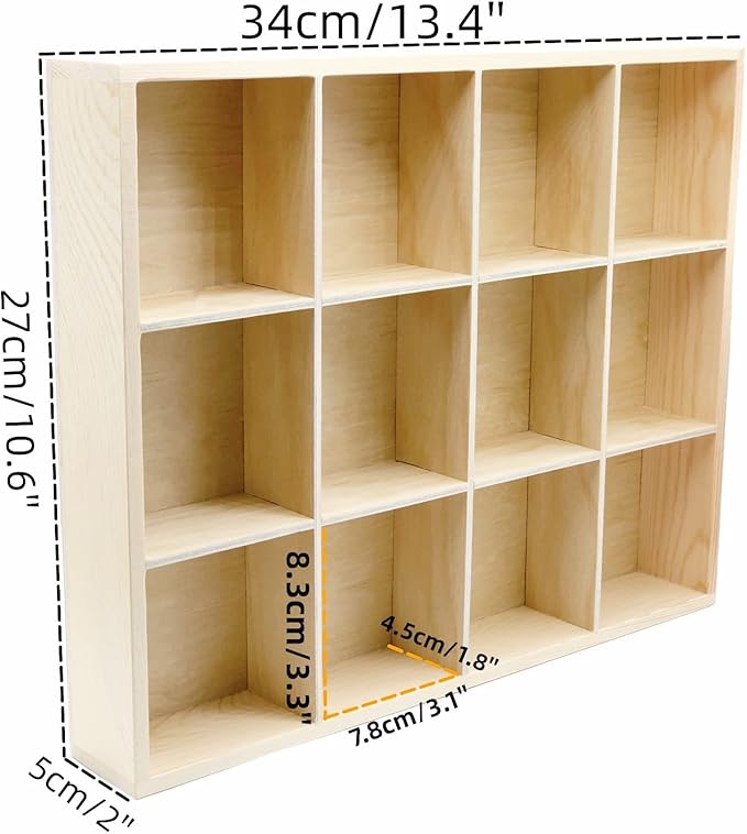 1 Pcs 13.4''x10.6''x2'' Wooden Storage Divider Box Showcase Display Box Organization Tray Display Holder Tabletop Drawer with 12 Compartments for Home Craft Office Kitchen Storage