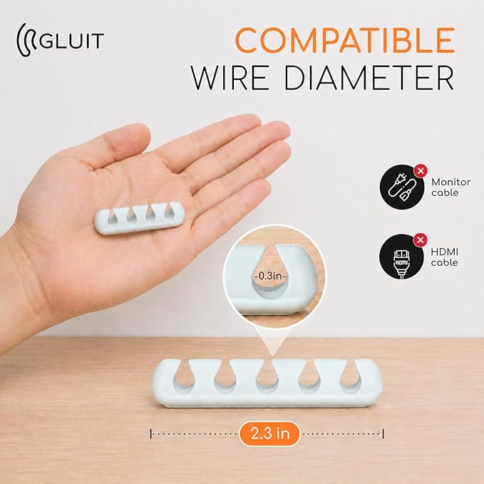 GLUIT Cord Organizer for Desk, Cable Holder for Nightstand, Charger Organizer, Adhesive Desktop Wire Clips, Multislot Cable Management, Table Organizer Accessories (White, 20 Pack)