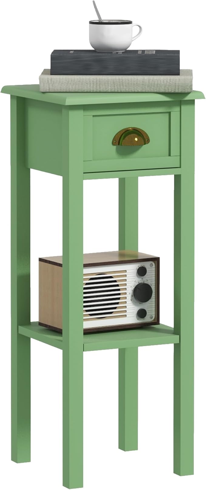 HOMCOM Narrow End Table with Drawer and Bottom Shelf, Slim Side Table for Small Spaces, Skinny Modern Accent Desk for Living Room, Set of 1, Green