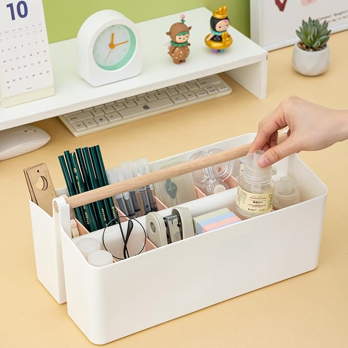 Vidifor Art Supply Organizers Caddy with Handle, Desk, Makeup Caddy and Tote (White+Pink, Large)