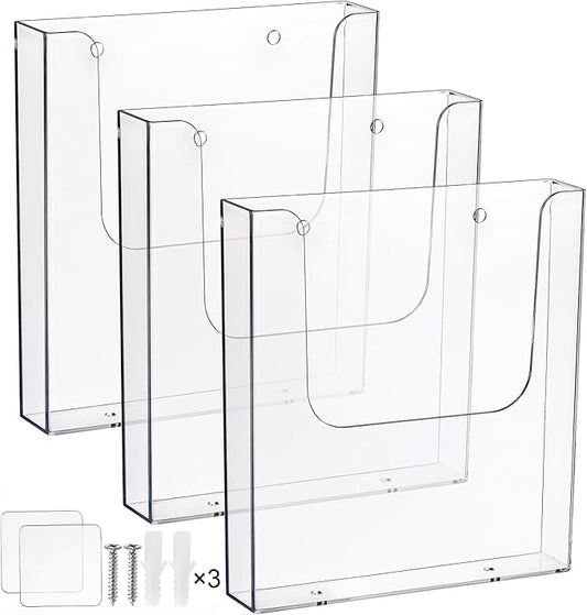 3 Pack Acrylic Brochure Holder, 8.5 x 11 Inch Brochure Holder Wall Mount, Clear Literature Organizer Pamphlet Flyer Display Plastic Magazine Holders for Wall