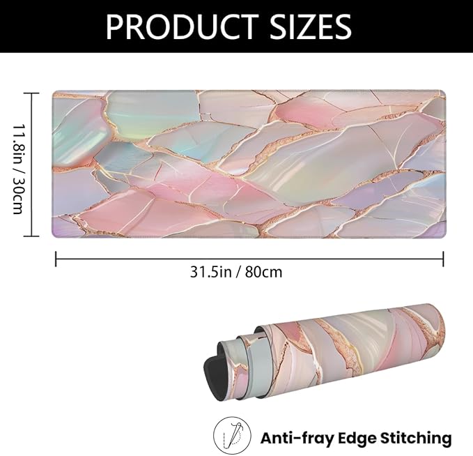 Large Mouse Pad Shell Pink Marble Non-Slip Rubber Long Gaming Desk Mat Big Computer Keyboard Mousepad Waterproof Protector Wristing Pad for Gaming Office Home Decorative 31.5 X 11.8 Inch