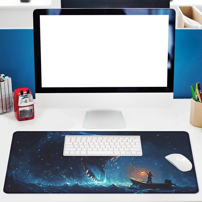 Deep Sea Monster Mouse Pad Fisherman Myth Legend Monster Extended Keyboard Mouse Mat for Computer Office, Big Laptop Mouse pad, Gaming Pc 31.5x11.8 in