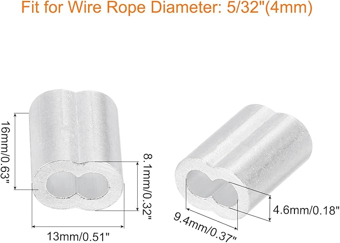 uxcell 100Pcs Aluminum Crimping Loop Sleeve for 5/32" Diameter Wire Rope, Double Ferrule Aluminum Wire Rope Sleeve for Cable Line End