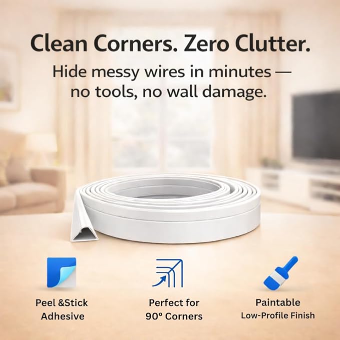 Easylife Corner Cable Trunking Raceway 192 Inch Paintable Self Adhesive TV Cable Hider Flexible Cable Concealer for Wall Corners HDMI Power Cord Ethernet Speaker Wire Management