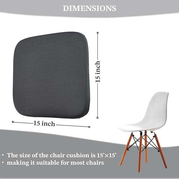 Non-Slip Dark Grey Square Seat Cushions Set of 2 - Comfortable Chair Pads with Removable Cover (15"x15"x1.7") for Kitchen, Office, Car & Indoor Use