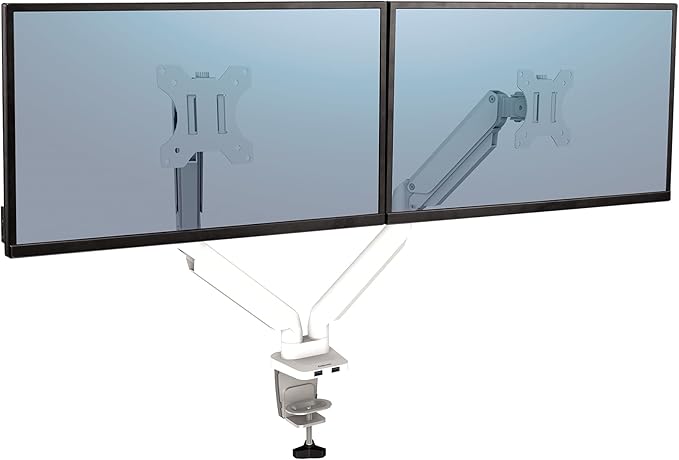 Fellowes Platinum Series Dual Monitor Arm for 40-Inch Monitors, Full Motion, 360° Rotation, VESA Mount with Grommet or Clamp, USB Ports, Ergonomic, White, 8056301