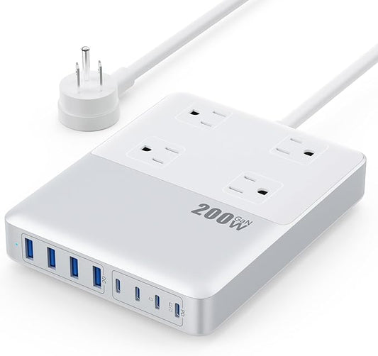 200W USB C Charging Station Power Strip with Cord and Plug,USB C Charger Block,4 AC Outlets,8 USB Ports for MacBook,iPhone 17/16/15,Fast Charging Desktop Charger for Office,Home (White)