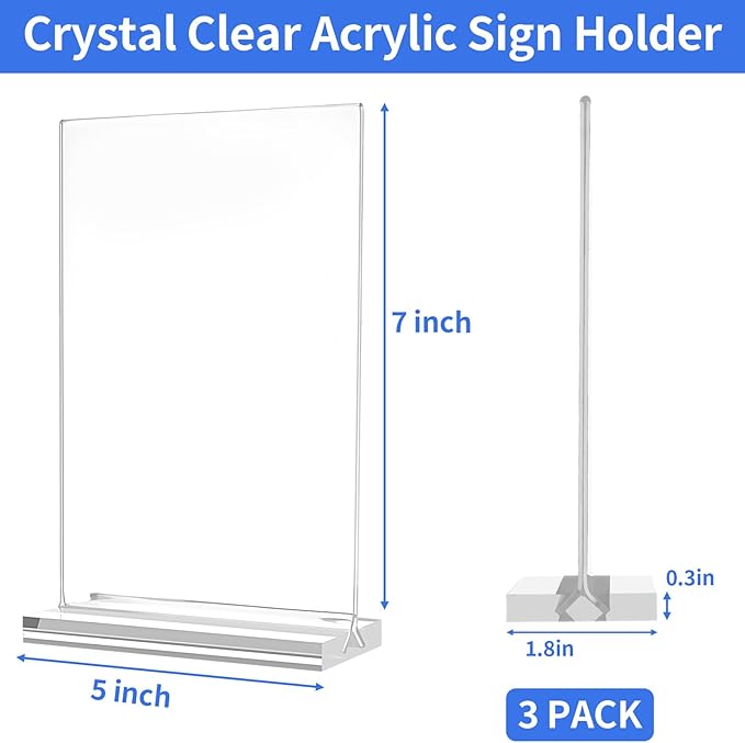 Svalor Acrylic Sign Holder 5x7，3 Pack Vertical Clear Display Stand，Double-sided Table Top Sign Holder，Acrylic Paper Display Stand Suitable For Office, Home, Show Fair, Restaurants, Stores, Hotels