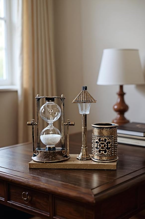 Vintage Style Desk Organizer Set with Hourglass Timer, Decorative Pen Holder, Bronze Finish, pen organizer for desk, vintage office decor, sand timers, desk organizer pen holder