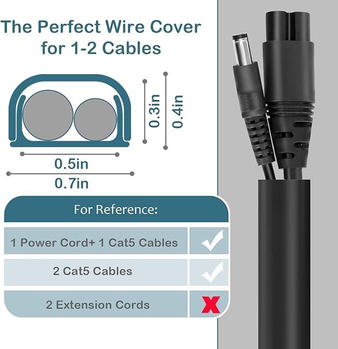 ZhiYo Wire Covers for 2 Cords, 43.7in Cord Hider on Wall Mounted, Black Cord Cover Kit, TV Cable Cover Cable Concealer for Extension Cord, Ethernet Cable, Speaker Wire, 0.7in(W) x 0.4in(H)