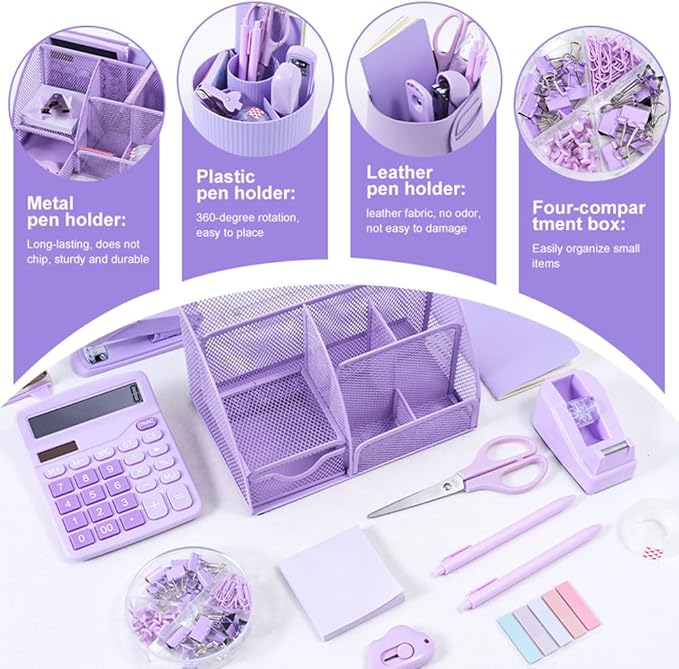 Gawsey Purple Desk Organizers and Accessories with Desk Organizer 360° Rotating Pen Holder and Office Supplies, Cute Stationery Supplies Set