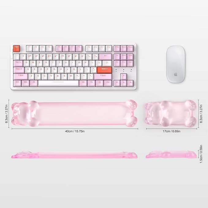 Gel Keyboard and Mouse Wrist Rest Set – Clear Wrist Rest for Computer Keyboard 60%/68%/75%, Comfort & Support for Typing and Gaming(Cute Pink Bear)