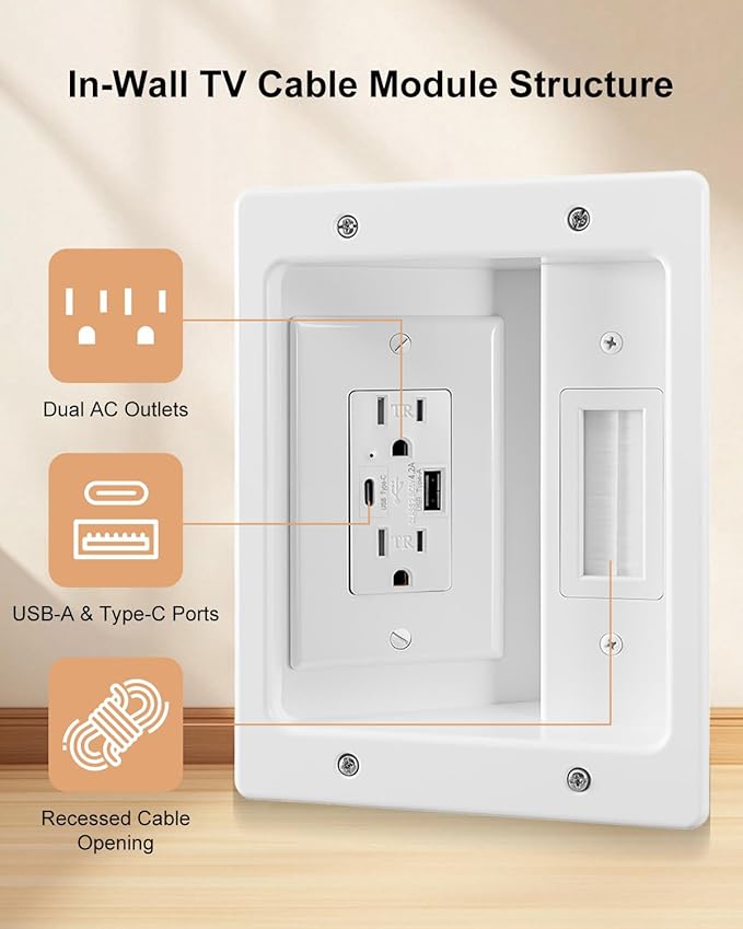 TV Cord Hider for Wall Mounted TV with Recessed Wall Outlet, in-Wall Cable Management Kit with 9.84ft Cord, DIY Installation Kit with Hardware (2AC + USB-A + USB C)