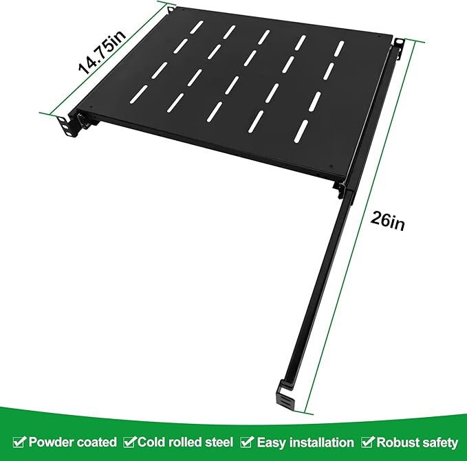 1U Sliding Shelf Tray 19in Mount Keyboard Shelf Tray, Adjustable Depth 14.75 to 26in Sliding Tray for Server Rack/Cabinet Steel Pull Out Drawer for Racks 200LBS Weight GLOBALRACK(SLD-1U14-26)