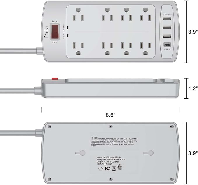 Surge Protector Power Strip - Nuetsa Flat Plug Extension Cord with 8 Outlets and 4 USB Ports, 6 Feet Power Cord, 2700 Joules, ETL Listed, Grey