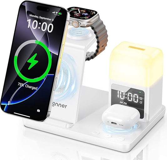 6 in 1 Wireless Charging Station with Clock & Night Light，Alarm Clocks for Bedrooms,Wireless Charger Stand with Beside Clock for iPhone 17/16/15/14/13/12 Pro Max, Apple Watch,Airpods (White)