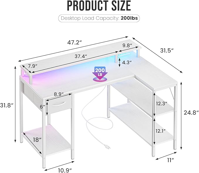 DUMOS 47” Gaming Desk with USB Charging Ports & LED Lights for Home Office Small Space, Reversible L Shaped Desks Computer Corner Gamer Table with Power Outlets Monitor Stand Storage Shelves, White