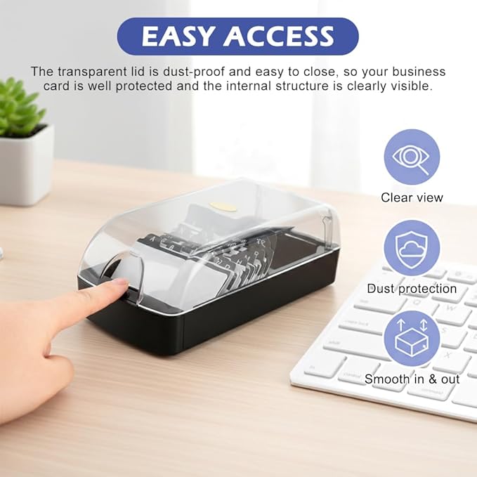 Business Card Holder, 350-Card Capacity Business Card File Plastic Storage Box with Transparent Tilted Lid, Dust-Proof Desktop Organizer for Office Reception(SIZE:M)
