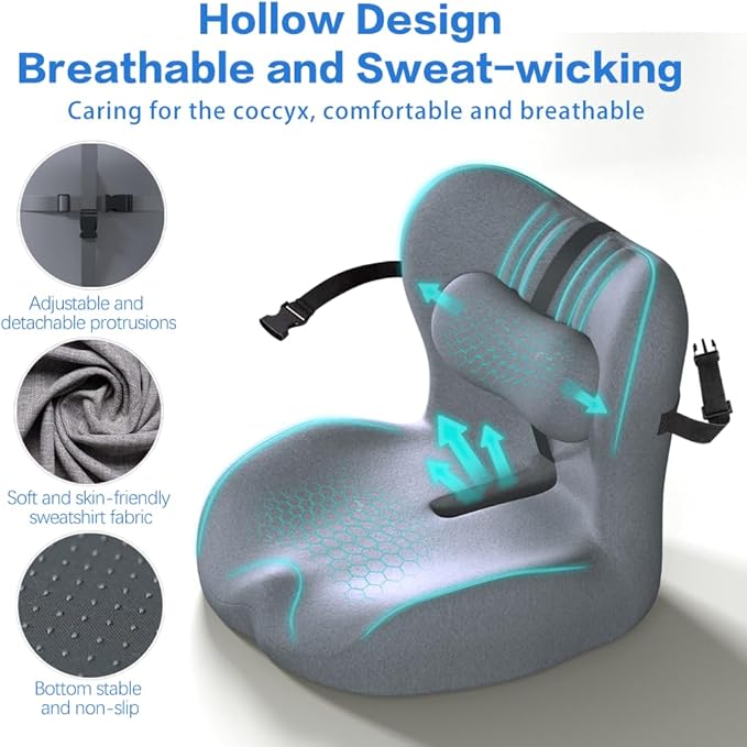 Adjustable Seat Cushion & Lumbar Support Pillow Set for Office Chair, Ergonomic Pillow for Sciatica Pain Relief, Memory Foam Back Support Pillow & Chair Cushion for Car seat, Desk Chair (grey)