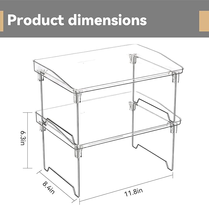 Stackable Cabinet Organizer Shelf, Clear Plastic Countertop Organizer Shelf for Kitchen Cabinet, Spice Rack, Pantry, Bathroom, Desk, 2 Pack