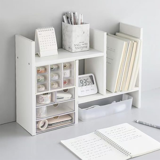 Desktop Shelf Organizer, Adjustable Wood Office Storage Rack, Counter Display Small Bookshelf for Home/Office/School(White)