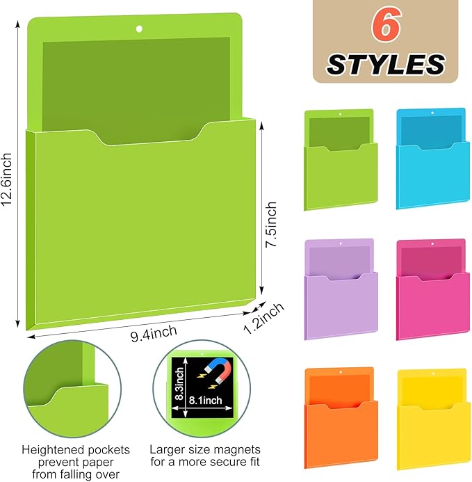 Fuutreo 6 Pcs Magnetic Wall File Organizer Magnetic Wall File Holder Refrigerator Magazine Holder for Mail Letters Paper(Bright Color,Vertical-large)