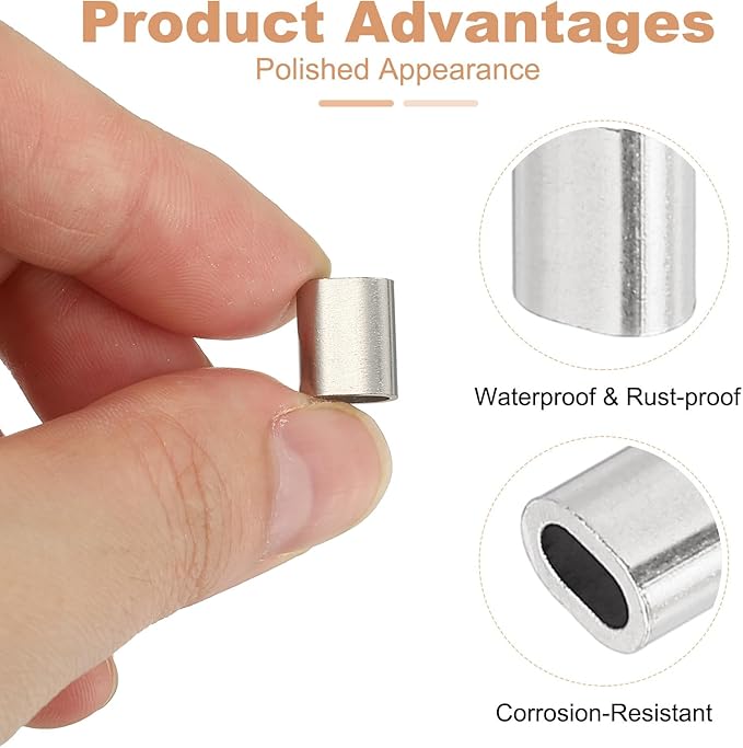 uxcell 1/8"(3mm) Wire Rope Stop Sleeve, 304 Stainless Steel Cable Wire Rope Crimping Loops Sleeve Ferrules for Cable Ferrule, Silver 20Pcs