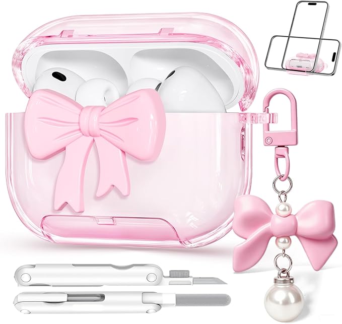for Airpods Pro 3 Case Pink 2025 with Safety Lock & Phone Stand, 3D Bow Clear iPod Pro 3 Cases with Cute Keychain & Cleaning Kit, Soft TPU Cover for AirPods Pro 3rd Generation Case Girls Women