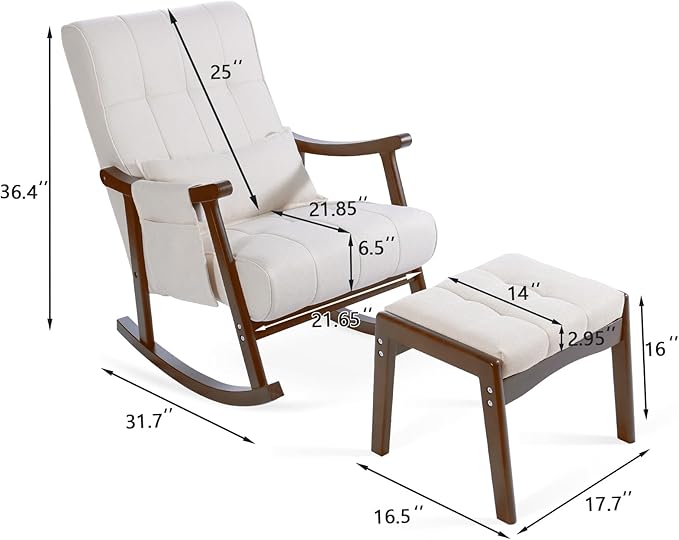 NOBLEMOOD Rocking Chair Indoor with Ottoman, Upholstered Rocking Chair with Lumbar Pillow, Side Pocket, High Back Solid Wood Frame Rocker with Footrest for Living Room