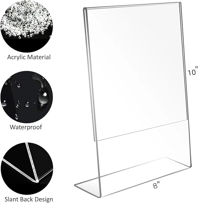 6 Pack Acrylic Sign Holder 8x10 for Picture Frames,Slanted Back Acrylic Sign Holders for Business & Store,Plastic Sign Holder,Menu Holder, Table Sign Holder for Office, Home, Store, Restaurant- Vertical