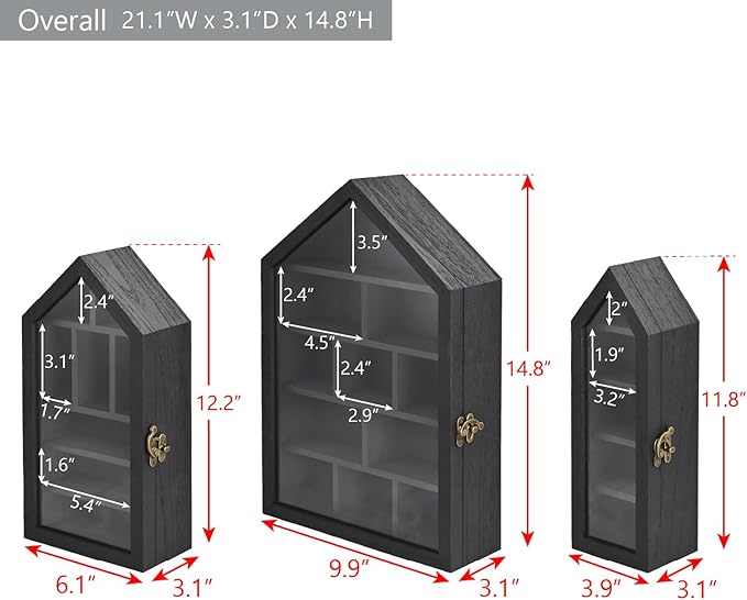 Ikee Design 3 Pcs Set Wall-Mounted House-Shaped Wooden Shadow Cubby Box Display Shelf with Door Storage Display Case for Collectibles, Trinkets, Mini Figures, Black Color, 21.1W x 3.1D x 14.8H in