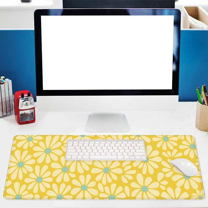 Daisy Flower Desk Pad Mouse Pad Cute Yellow Retro Floral Extended Gaming Mouse Pad Mat with Stitched Edge Non-Slip Base Big Mousepad 31.5"x11.8"
