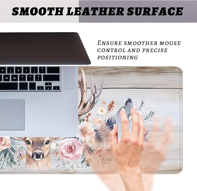 Floral Deer Desk Mat Rustic Nature Wood Farmhouse Mouse Pad Large Mousepad Extended Laptop Keyboard Mat Gaming Desk Pad Mouse Mat 31.5"x11.8"