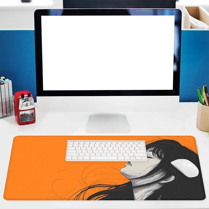Anime Girl Aesthetic Mouse Pad, Minimal Line Art Portrait Gaming Desk Mat with Stitched Edges,Non-Slip Waterproof Rubber Base Mouse Mat, 31.5x11.8in Desk Home Office Gaming
