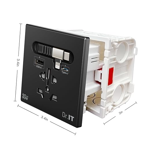 35W GaN Multi Plug Wall Outlet with Retractable Phone Charger for Bedside/Sofa, 4-in-1 Tamper-Resistant in-Wall Socket with Universal AC Port for New Renovations, UL Listed (Include 86-Type Box)