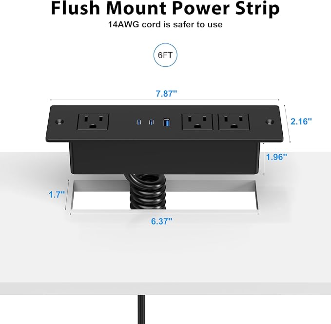 Drawer Outlet Kit with 65W USB C Fast Charging Station, HEZI Recessed Power Outlet with 3 USB Ports & 3 AC Outlets, Furniture Flush Mount Power Strip for Home Office 6ft Cord