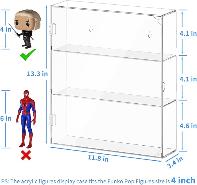 AITEE Acrylic Display Case for Mini Funko Pop Figures, Clear Wall Mounted or Desktop 3 Layer Storage Cabinet Organizer for Mini Figures,Collections,Dustproof Display Case for Toys Rock Stone