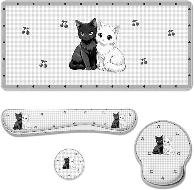 Cute Cat Desk Mat Set Gingham Cherry Cartoon Kitten Large Mouse Pad with Wrist Rest 4in1 Desk Mat for Desktop Ergonomic Computer Desk Arm Wrist Anti-Slip Computer Mouse Pad Home Office Gaming