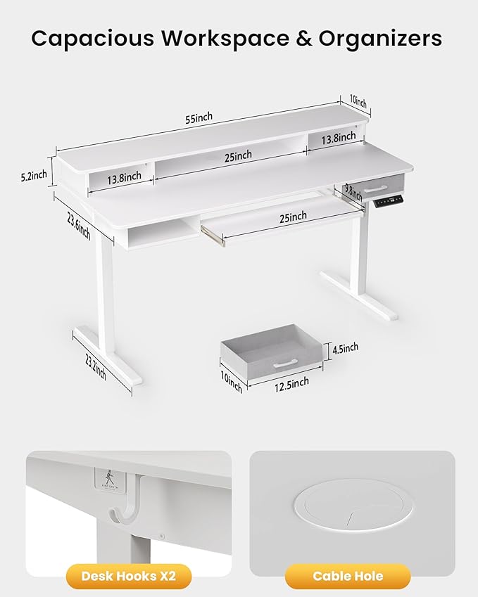 Electric Standing Desk with Keyboard Tray, 55x24 Inches Height Adjustable Stand up Desk with 2 Drawers, Ergonomic Sit to Stand Table with Storage Monitor Stand, White