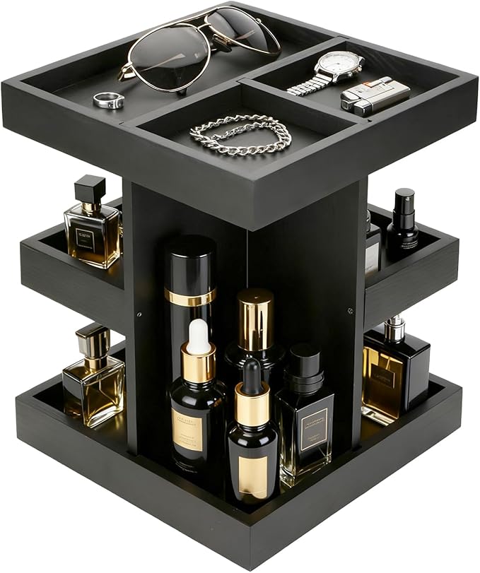 Cologne Organizer for Men, 3-Tier Perfume Stand with 360° Rotation, Wood Cologne Shelf for Desk, Nightstand Organizer, Dresser, Birthday Gifts for Husband Boyfriend, Gift for Dad From Wife (Black)