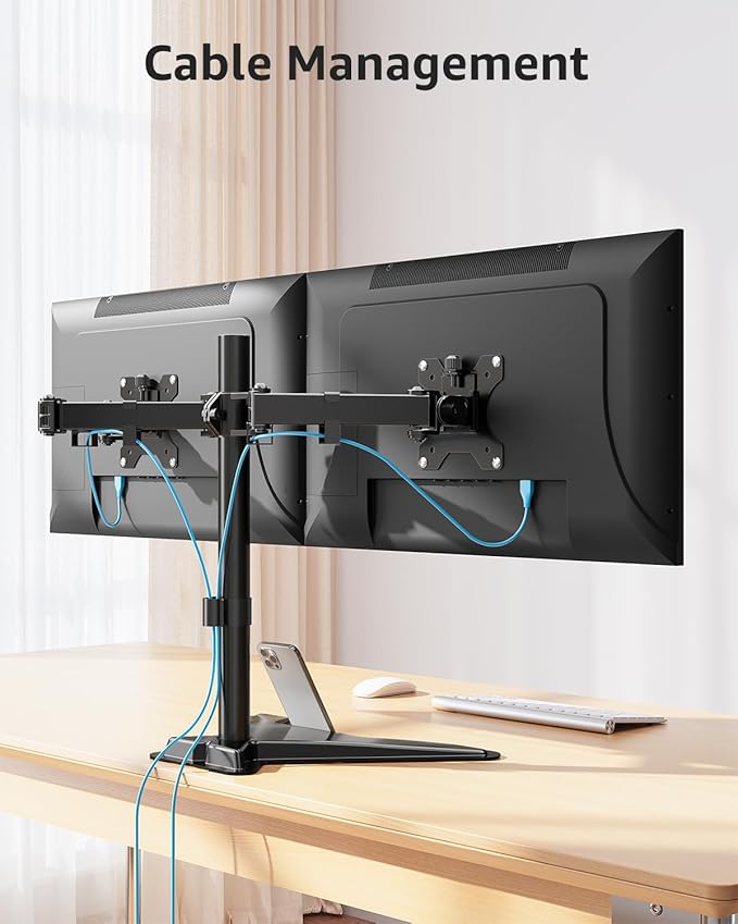 MOUNTUP Dual Monitor Stand - Freestanding & Height Adjustable Monitor Desk Mount, Steady VESA Mount Holds Max 17.6 lbs, Computer Monitor Stand for 2 Screens up to 27 inches, for Home Office