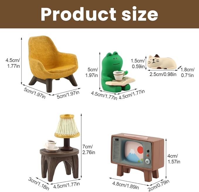 Miniature Tabletop Figurine Set, Cute Mini Frog and Cat Figurine with Small Sofa TV Table Lamp for Home Office Bedroom Shelf Desk Decorative, Frog Cat Lovers Birthday Gift(Color:Multicolor)