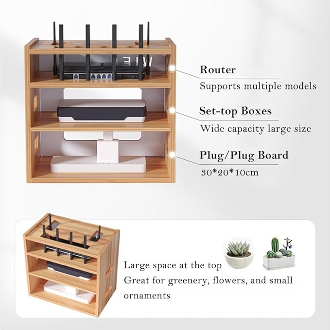 Wooden Router Shelf, Desktop WiFi Router Storage Box Modem Rack, Power Router Fences Standing Shelf Units, Cable Management Hider Box Organizer for Office and Home (Cherry Wood)