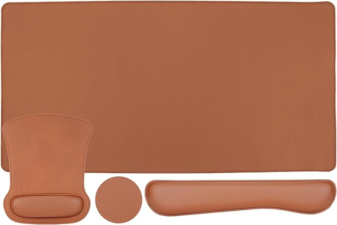 MOSISO Keyboard Mouse Pad Set, PU Leather Large Gaming Mousepad&Keyboard Wrist Rest&Mouse Wrist Rest&Coaster, Ergonomic Non-Slip Mousepad&Easy Typing Cushion with Memory Foam for Home Office, Brown