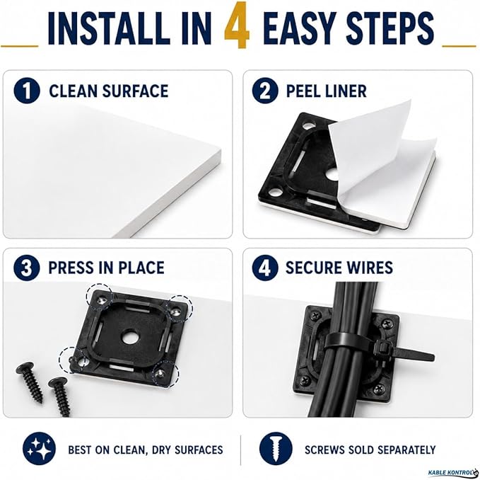 Kable Kontrol Zip Tie Mounts, 1-1/2” Sq, Black, 100 Pcs, Adhesive Backed Multi-Purpose UV-Resistant Mounting Squares Nylon Cable Tie Wrap Anchor Pads for Cable Management
