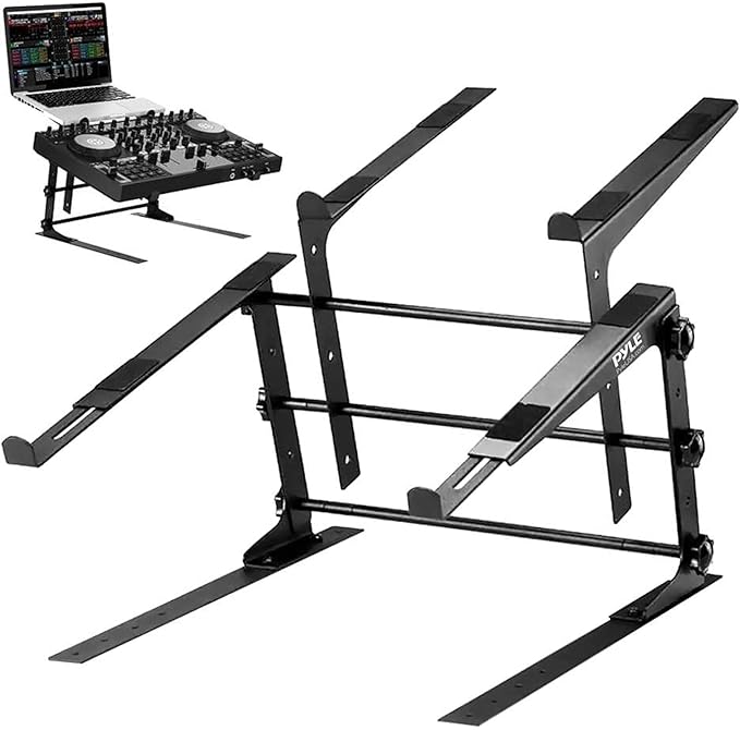 Pyle Portable Dual Laptop Stand - Standing Table with Adjustable Height, Ergonomic Design & Anti-Slip Prongs for DJ Mixer, Sound Equipment, Workstation, Gaming & Home Use - PLPTS38, Black (Pack of 6)
